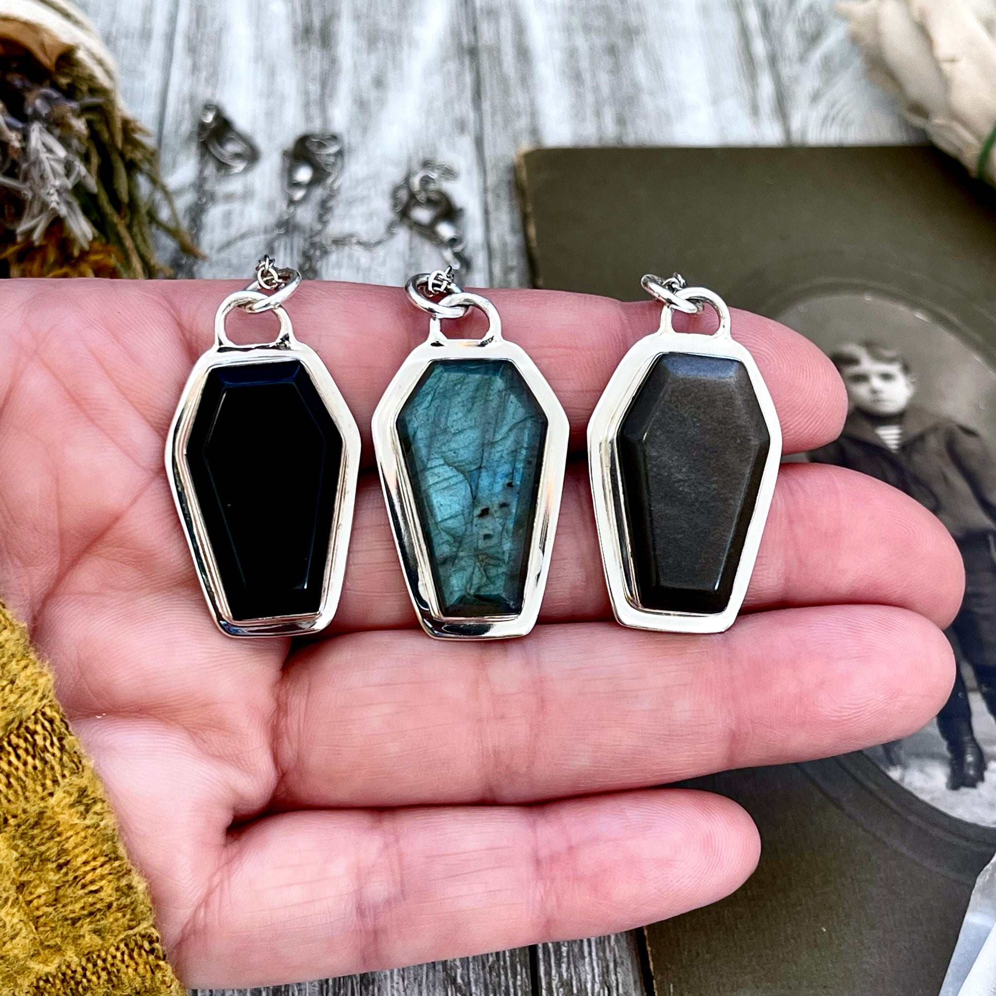 Crystal Coffin Necklace in Sterling Silver- Black Onyx, Labradorite or