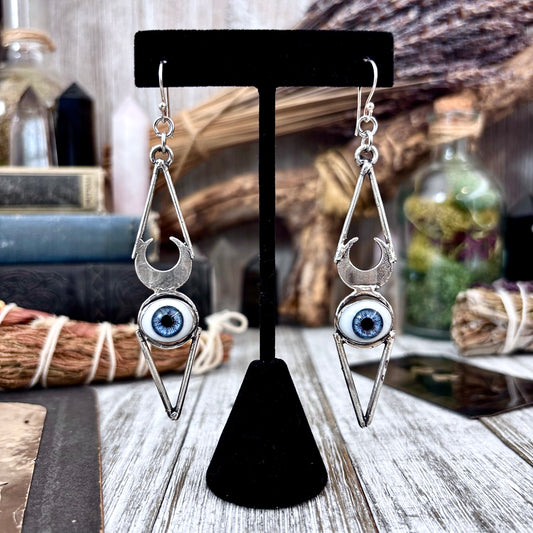 Blue Iris Eyeball Fine Silver Earrings / Long Dangle Witchy Earrings