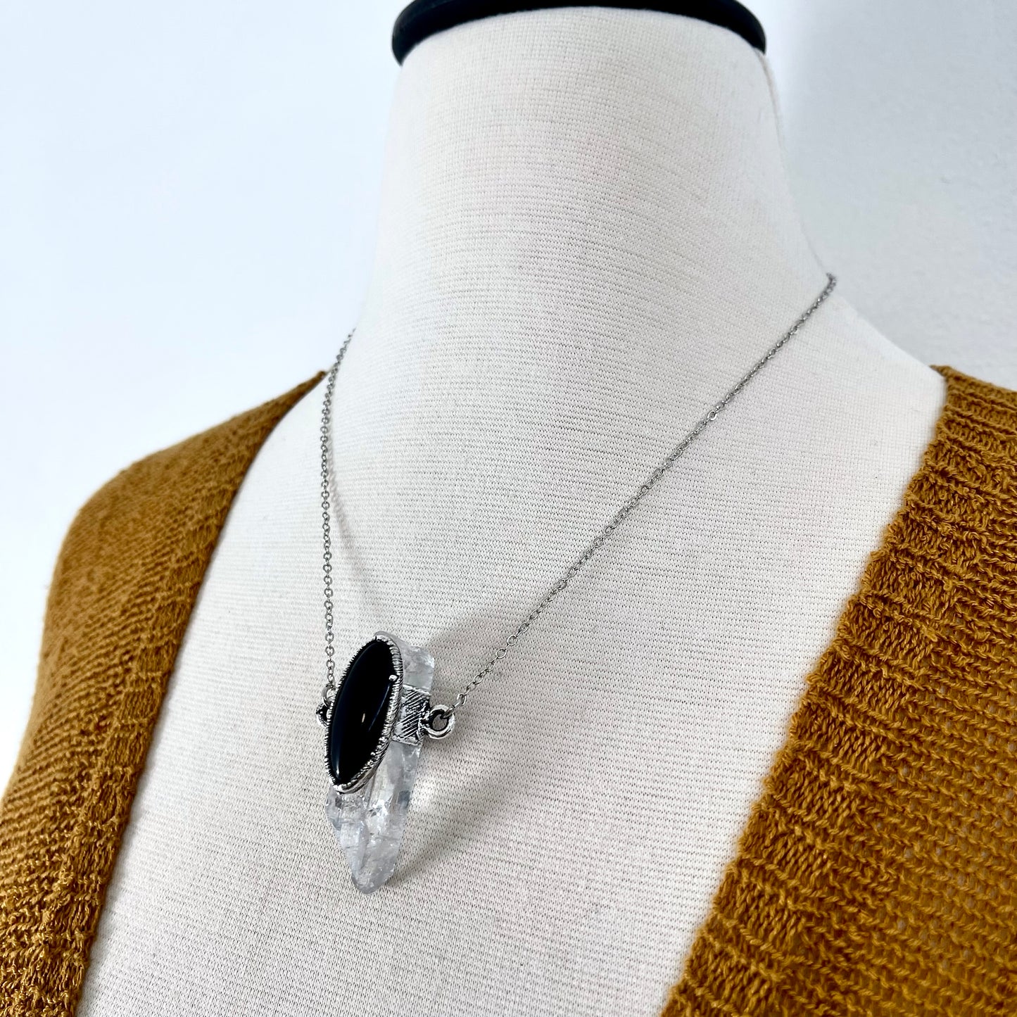 Clear Quartz & Black Onyx Crystal Statement Necklace in Fine Silver / Foxlark Collection - One of a Kind