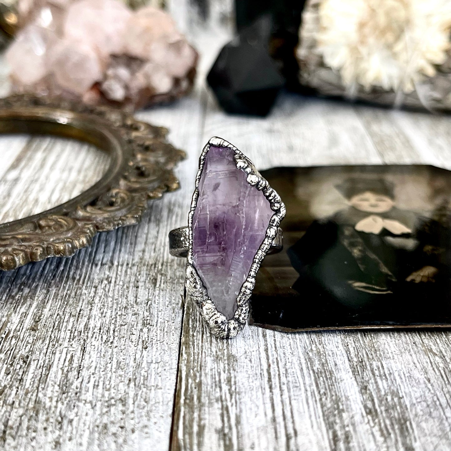 Size 8 Raw Purple Amethyst Crystal Ring Set in Fine Silver  / Foxlark Collection - One of a Kind