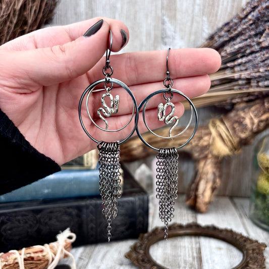 Sterling Silver Snake Hoop Fringe Earrings / Long Dangle Witchy Earrings