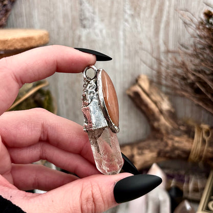 Clear Quartz & Peach Moonstone Crystal Statement Necklace in Fine Silver / Foxlark Collection - One of a Kind