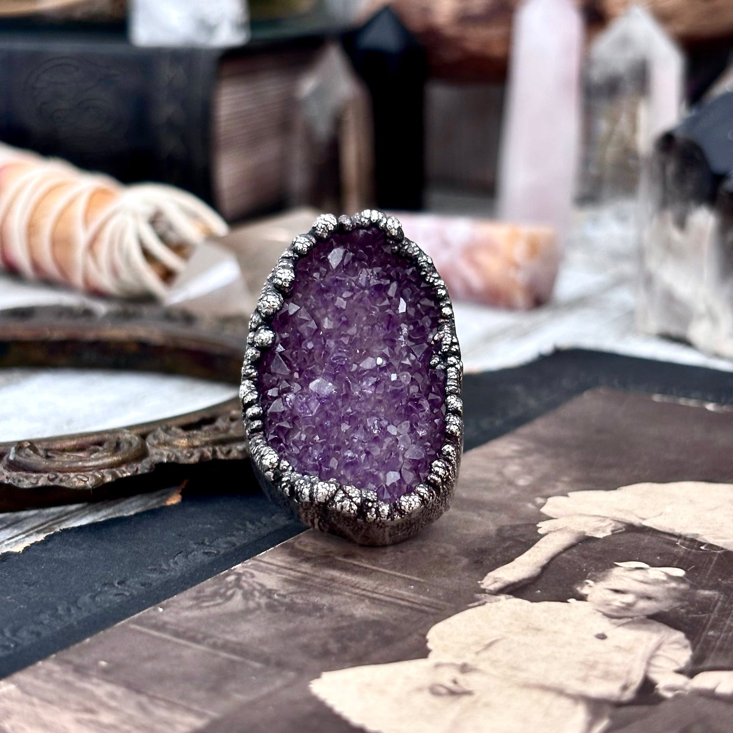 Raw Purple Amethyst Crystal Druzy Geode Ring in Fine Silver Size 7 / Foxlark Collection