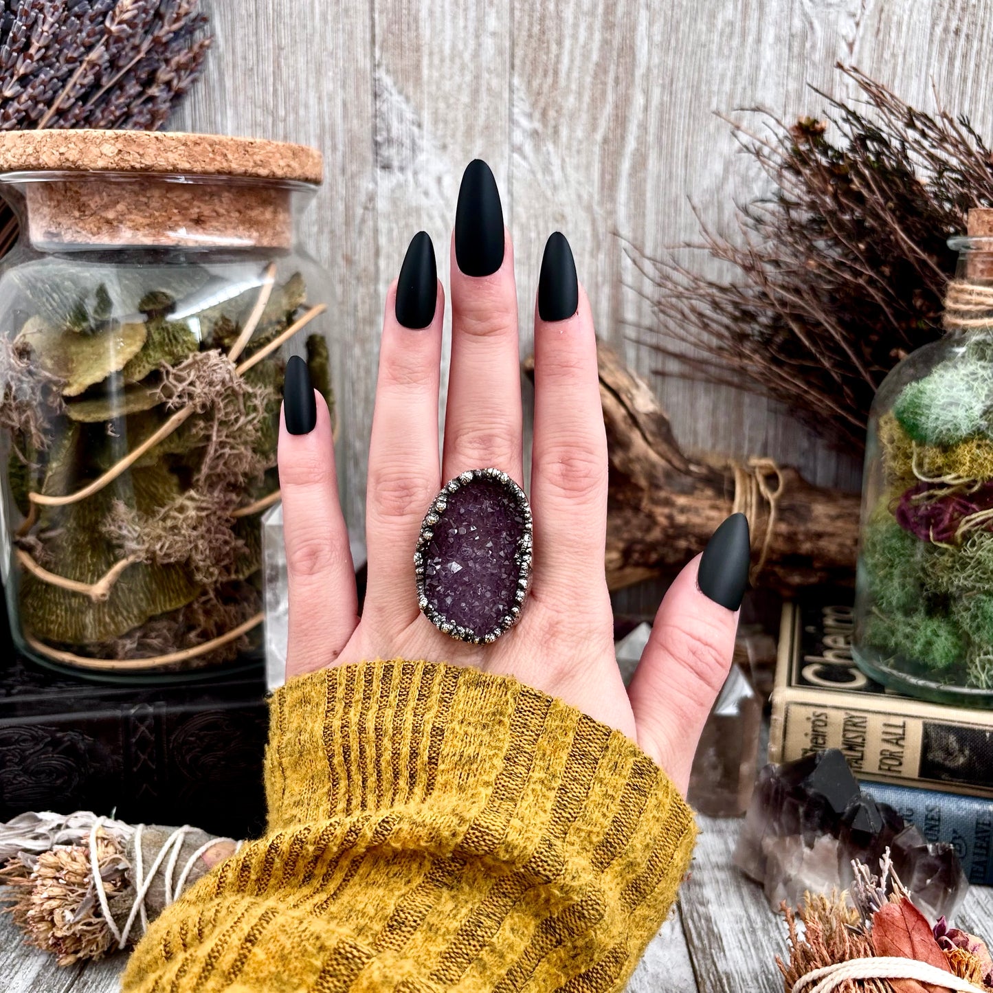 Raw Purple Amethyst Crystal Druzy Geode Ring in Fine Silver Size 7 / Foxlark Collection