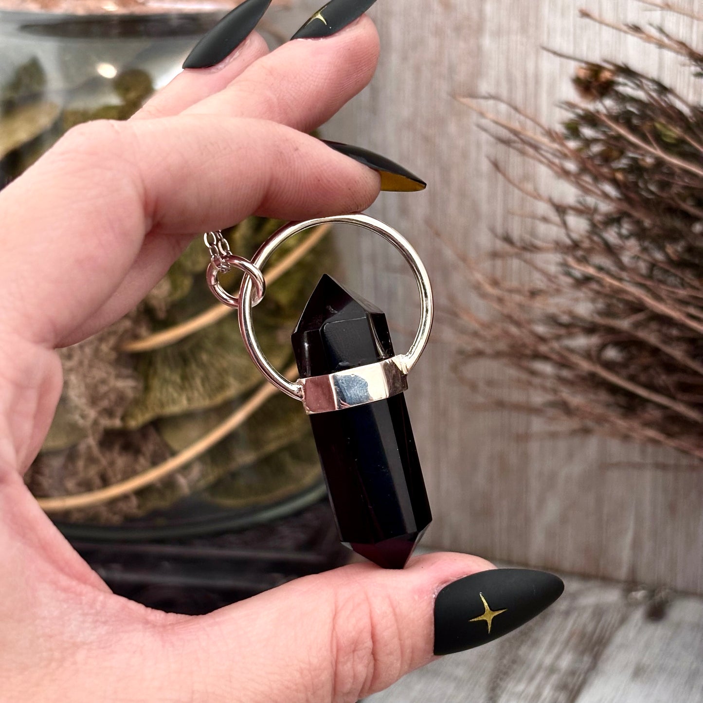 Black Onyx Crystal Point Necklace in Sterling Silver  -Designed by FOXLARK Collection / Witchy Necklace Goth Jewelry