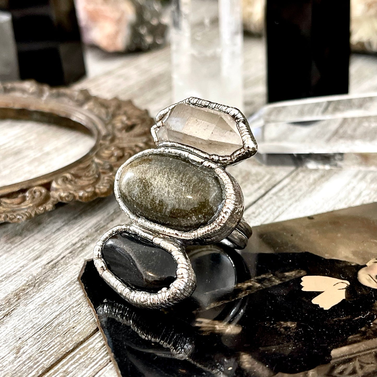 Size 7.5 Crystal Ring - Three Stone Ring Black Onyx Clear Quartz Silver Sheen Obsidian Ring / Foxlark Collection - One of a Kind