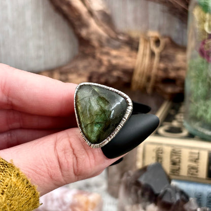 Green Labradorite Ring Fine Silver Size 8 / Foxlark Crystal Jewelry Collection