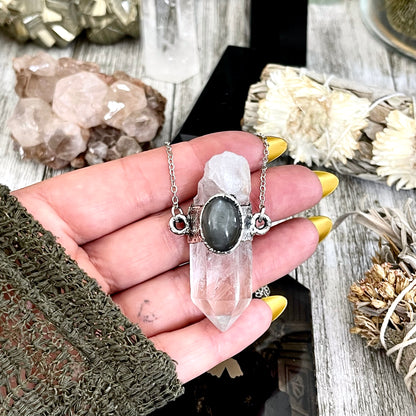 Clear Quartz & Grey Moonstone Crystal Statement Necklace in Fine Silver / Foxlark Collection - One of a Kind