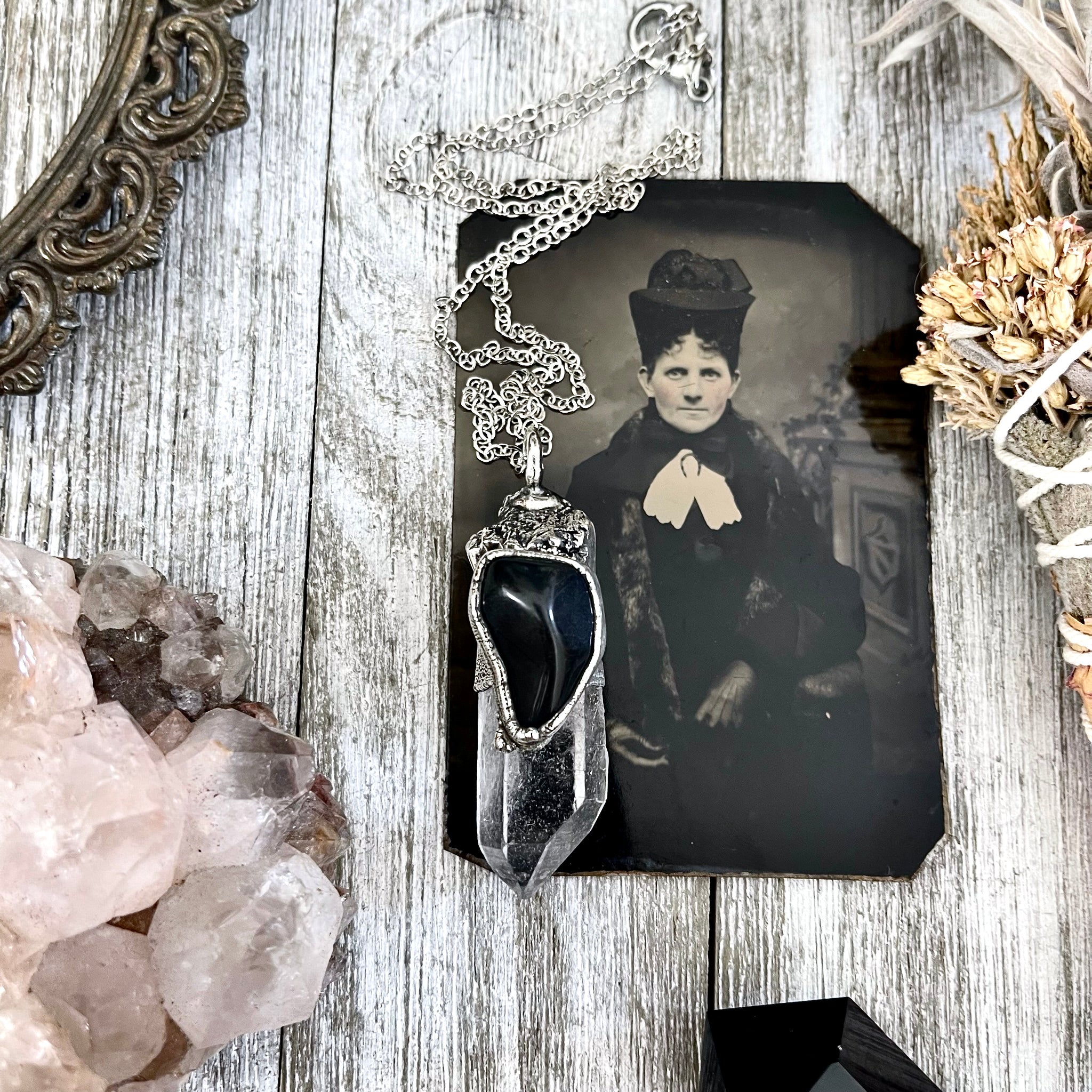 Large Raw Clear Quartz Black Onyx Crystal Statement Necklace in Fine Silver Foxlark Collection One of A Kind