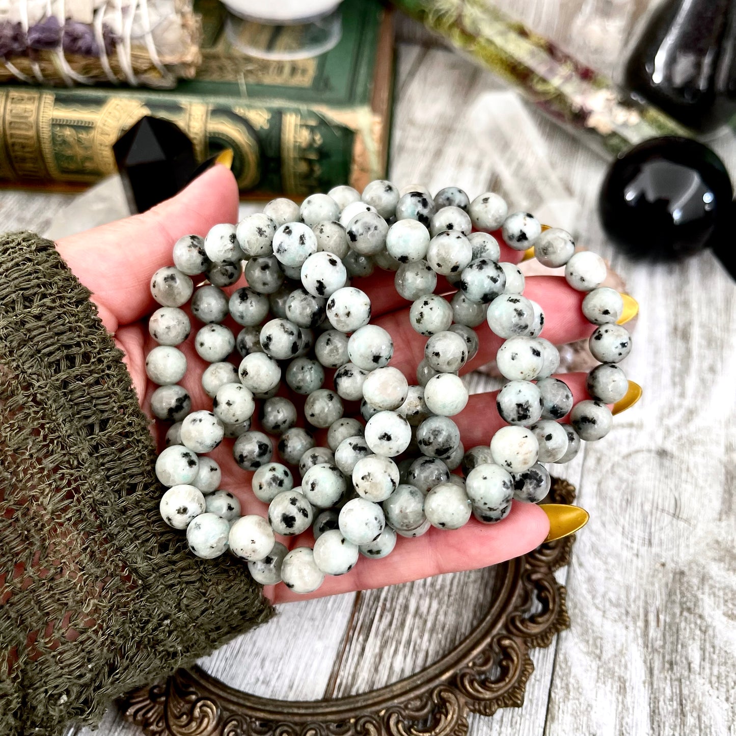 Kiwi Jasper Crystal Beaded Stretch Bracelet