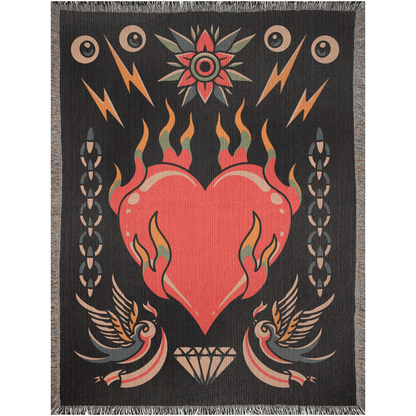 Bleeding Heart Traditional Tattoo Style Woven Fringe Blanket / / Wall tapestry or throw for sofa, maximalist decor,  tattoo home decor