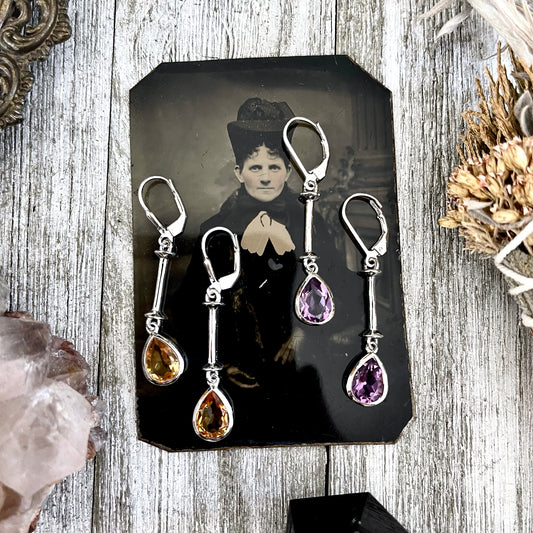 Amethyst or Citrine Teardrop Dangle Earrings set in Sterling Silver