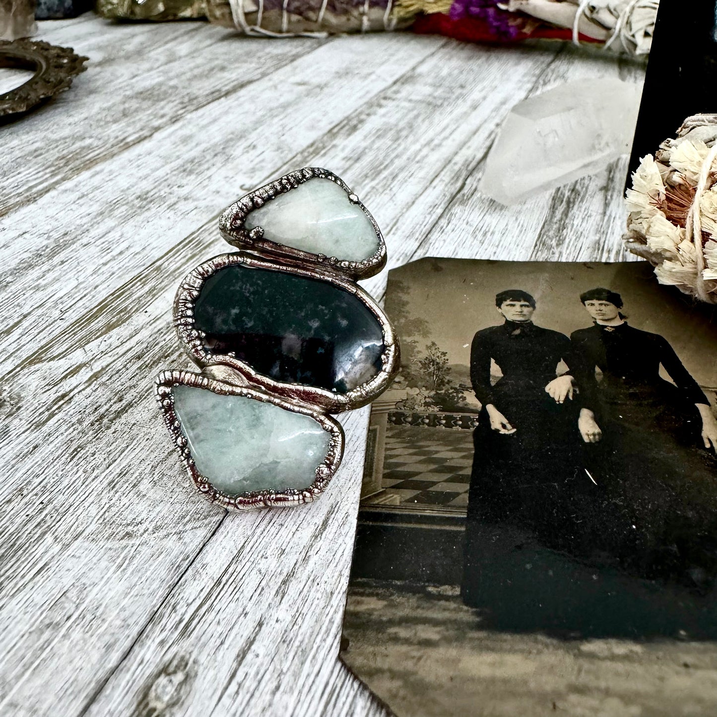 Three Stone Ring Aquamarine Moss Agate Ring In Silver Size 7/ Foxlark Collection