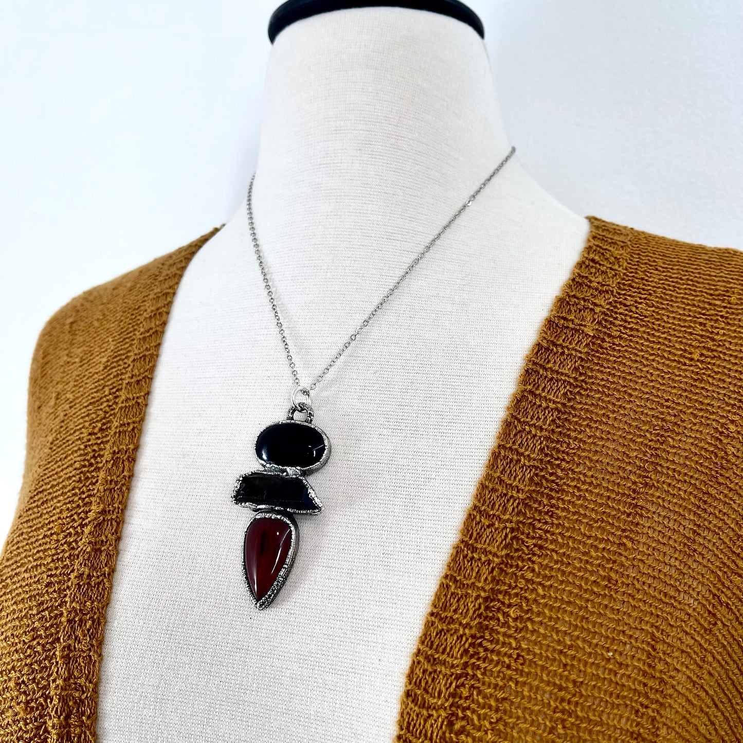 Three Stone Smokey Quartz Carnelian Black Onyx Necklace in Fine Silver / Foxlark Collection - One of a Kind Jewelry