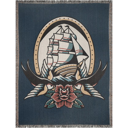 Pirate Ship Traditional Tattoo Style Woven Blanket