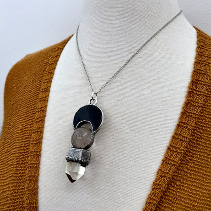 Black Onyx Moon, Clear Quartz Crystal ball, Smoky Quartz Necklace in Fine Silver / Foxlark Collection - One of a Kind