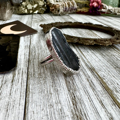 Large Raw Black Tourmaline Ring Silver Size 8 / Foxlark Jewelry Collection