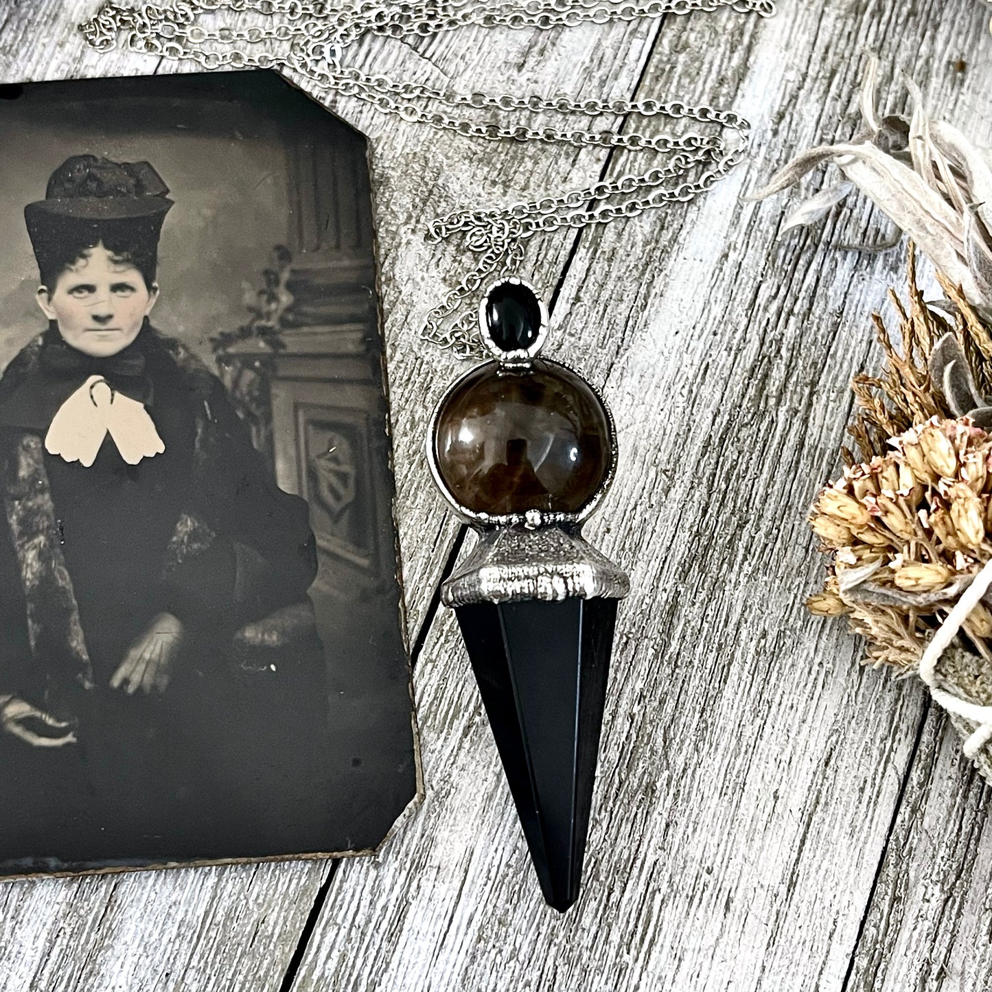 Smokey Quartz Sphere Black Onyx Pendulum Necklace Pendant in Fine Silver  / Foxlark Collection
