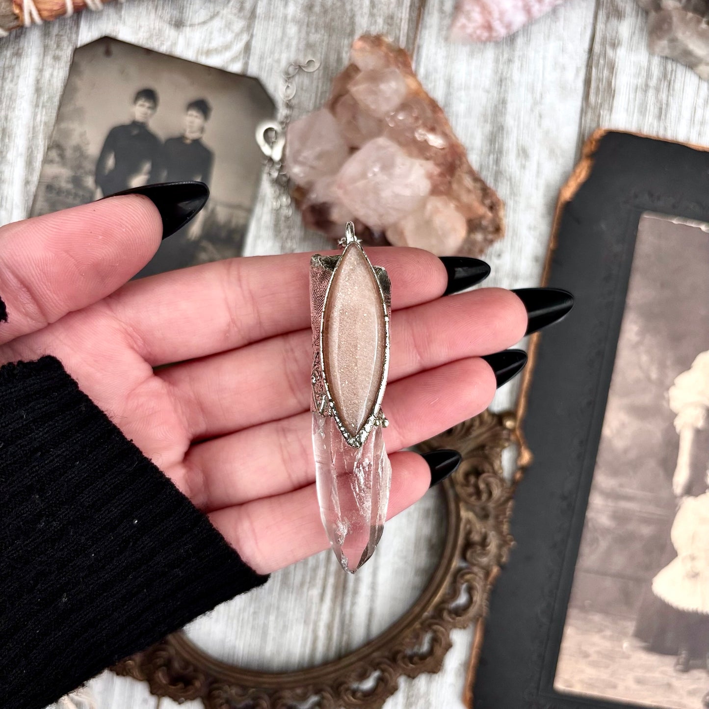 Clear Quartz & Peach Moonstone Crystal Statement Necklace in Fine Silver / Foxlark Collection - One of a Kind