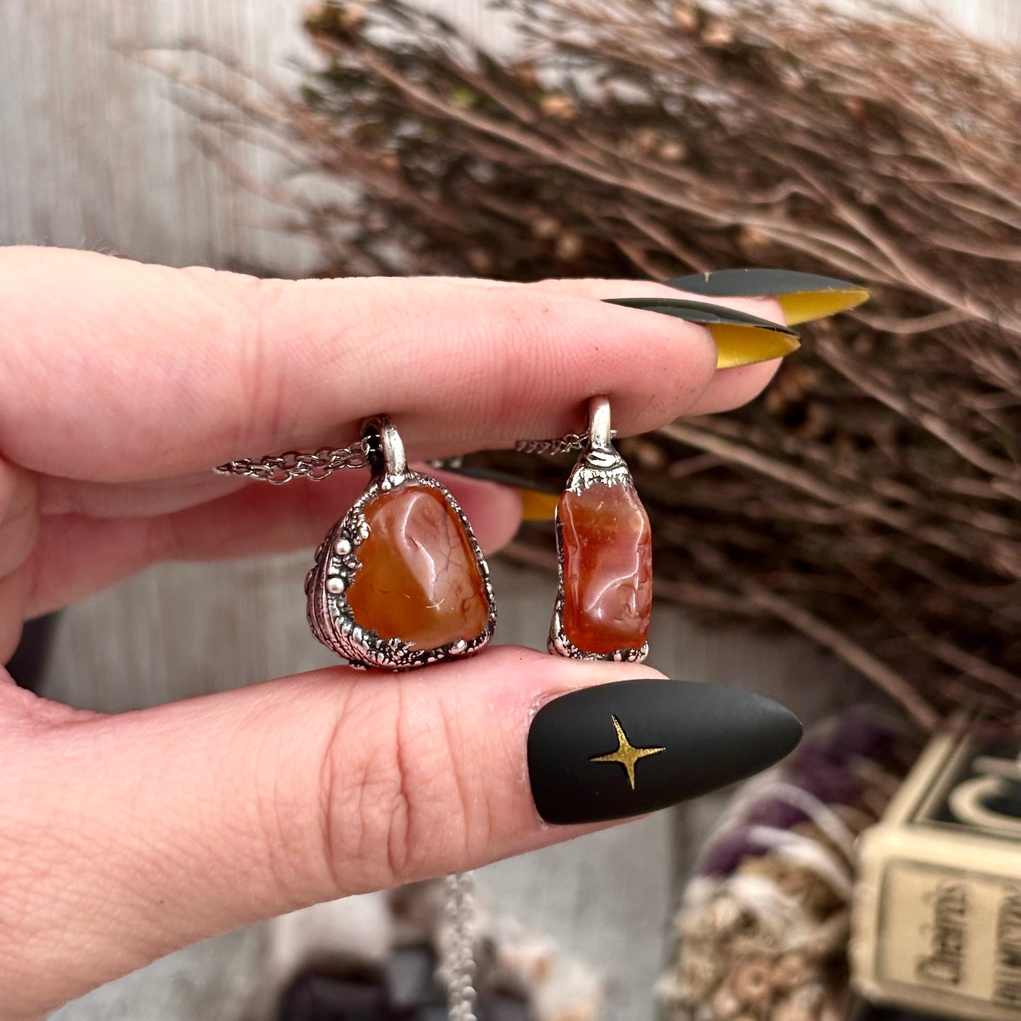 Dainty Pebble Necklace in Moss Agate or Carnelian in Silver/ Foxlark Collection