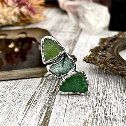 Size 6 Crystal Ring - Three Stone Ring Sea Glass Moss Agate Ring Silver / Foxlark Collection - One of a Kind