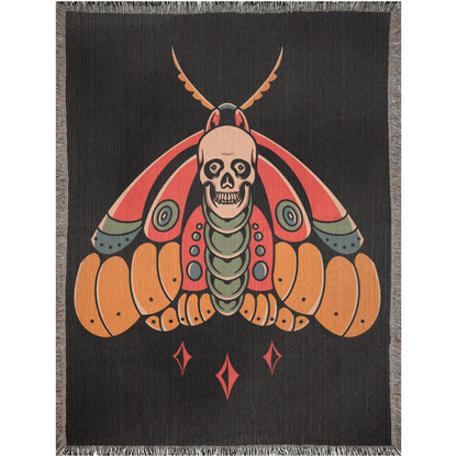 Death Moth Traditional Tattoo Style Woven Fringe Blanket / / Wall tapestry or throw for sofa, maximalist decor,  tattoo home decor