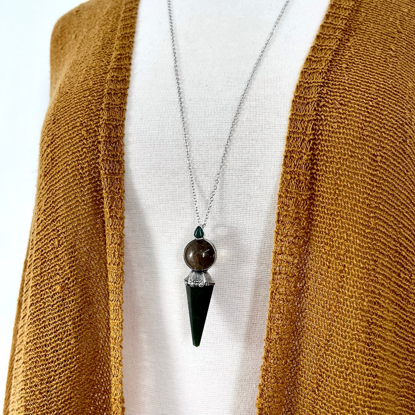 Smokey Quartz Sphere Bloodstone Pendulum Necklace Pendant in Fine Silver  / Foxlark Collection