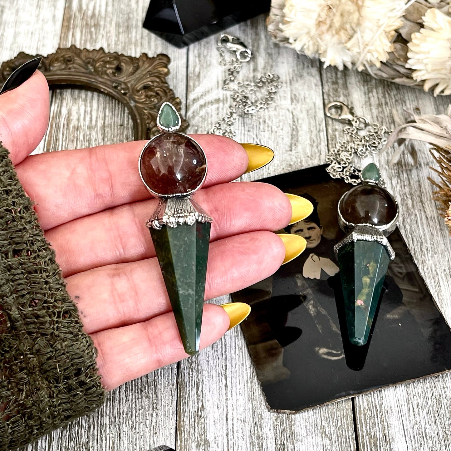 Smokey Quartz Sphere Bloodstone Pendulum Necklace Pendant in Fine Silver  / Foxlark Collection