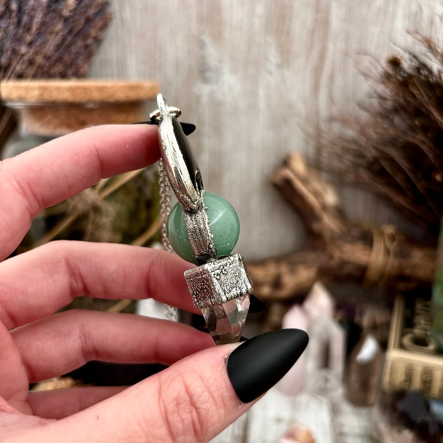 Black Onyx Moon, Green Aventurine Crystal ball, Clear Phantom Quartz Necklace in Fine Silver / Foxlark Collection - One of a Kind