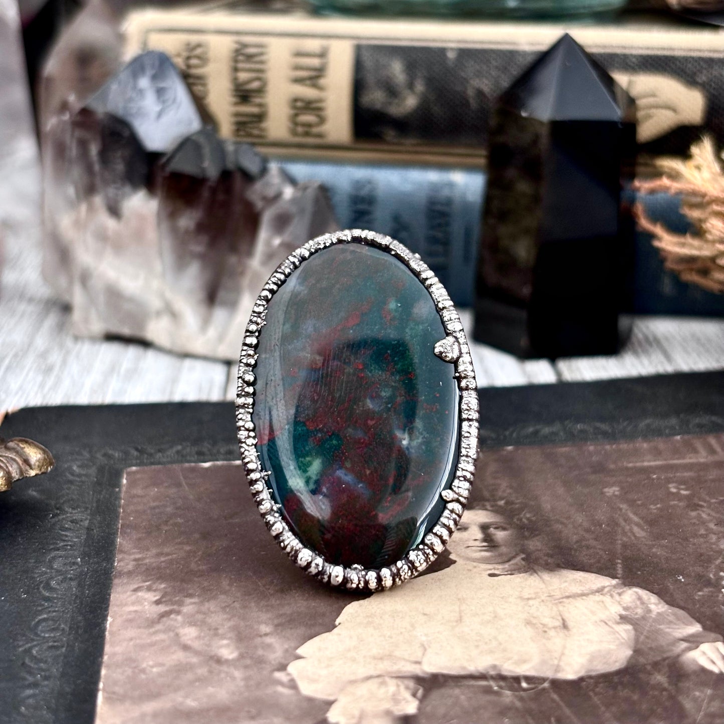 Bloodstone Crystal Statement Ring Size 9 Fine Silver / Foxlark Collection