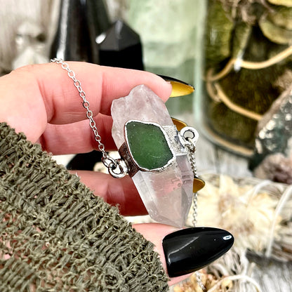 Clear Quartz & Green Sea Glass Crystal Statement Necklace in Fine Silver / Foxlark Collection - One of a Kind