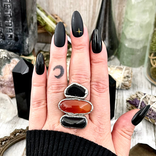 Size 8.5 Crystal Ring - Three Stone Ring Black Onyx Red Carnelian Silver Ring / Foxlark Collection - One of a Kind