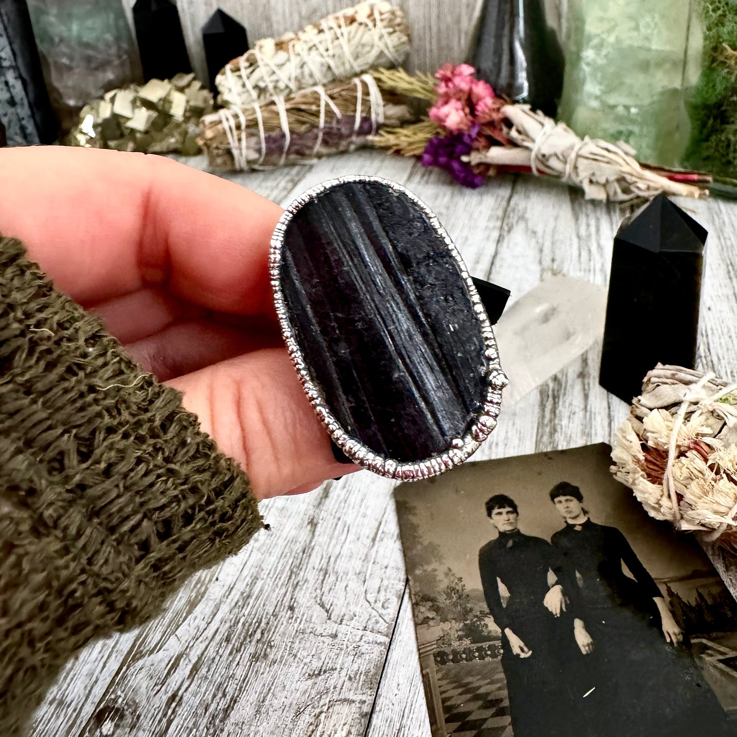 Large Raw Black Tourmaline Ring Silver Size 8 / Foxlark Jewelry Collection