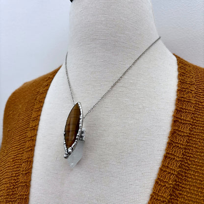 Clear Quartz & Tigers Eye Crystal Statement Necklace in Fine Silver / Foxlark Collection - One of a Kind