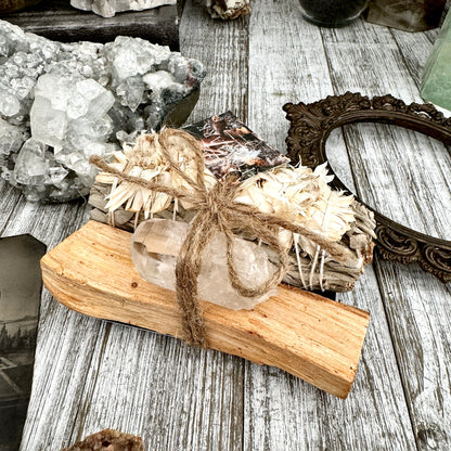 Sage Crystal Bundle with White Sage Palo Santo Clear Quartz / Foxlark Cleansing & Protection Kit