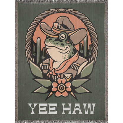 Yee Haw Cowboy Frog Green Traditional Tattoo Style Woven Fringe Blanket / / Tapestry Throw