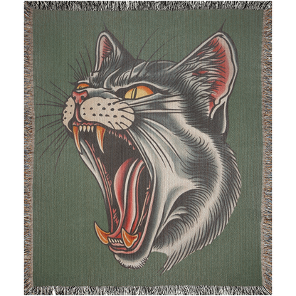 Screaming Cat Dark Green Traditional Tattoo Style Woven Fringe Blanket