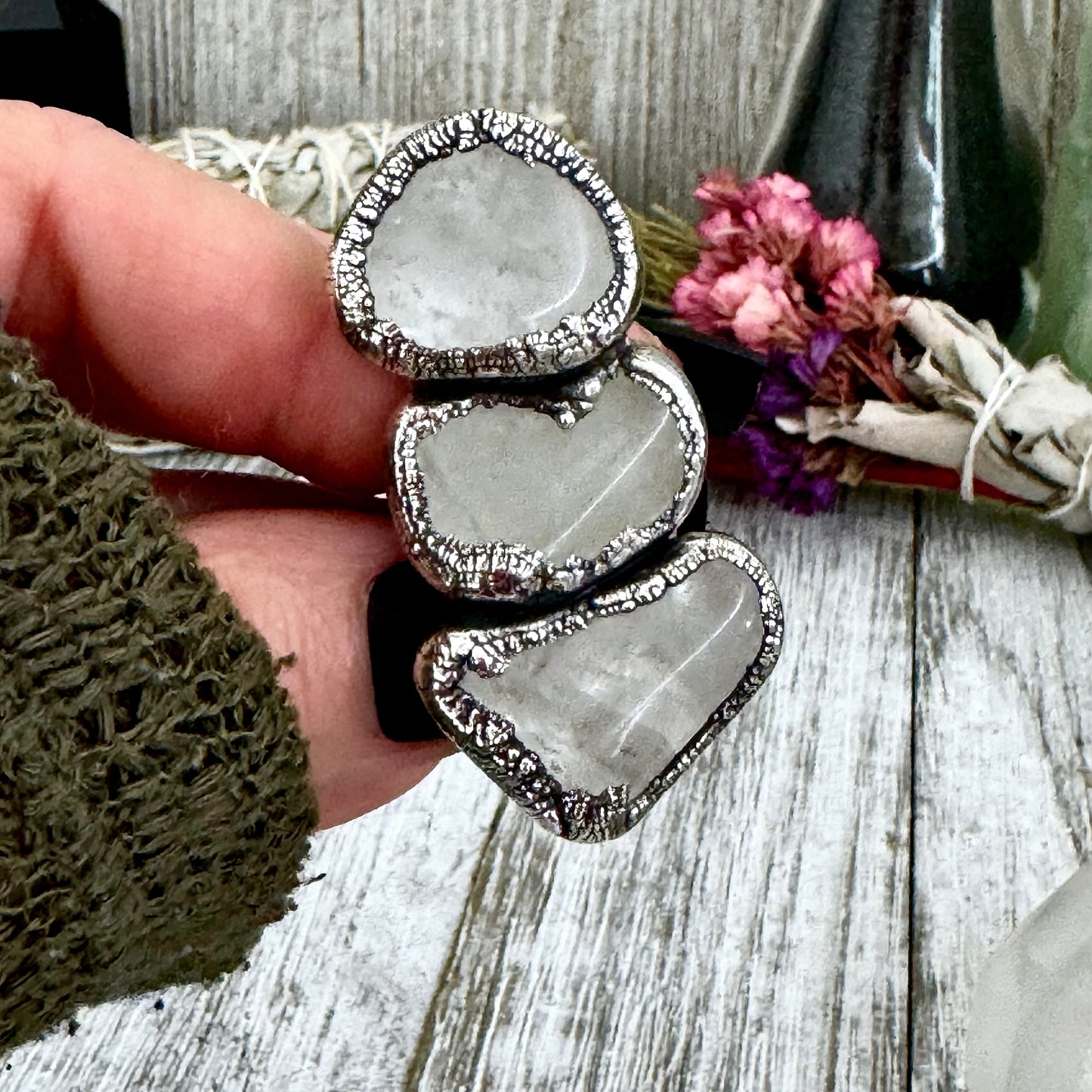 Clear Quartz Ring Size 6 Three Stone Ring in Silver/ Foxlark Collection