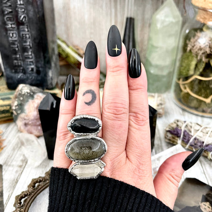 Size 7.5 Crystal Ring - Three Stone Ring Black Onyx Clear Quartz Silver Sheen Obsidian Ring / Foxlark Collection - One of a Kind