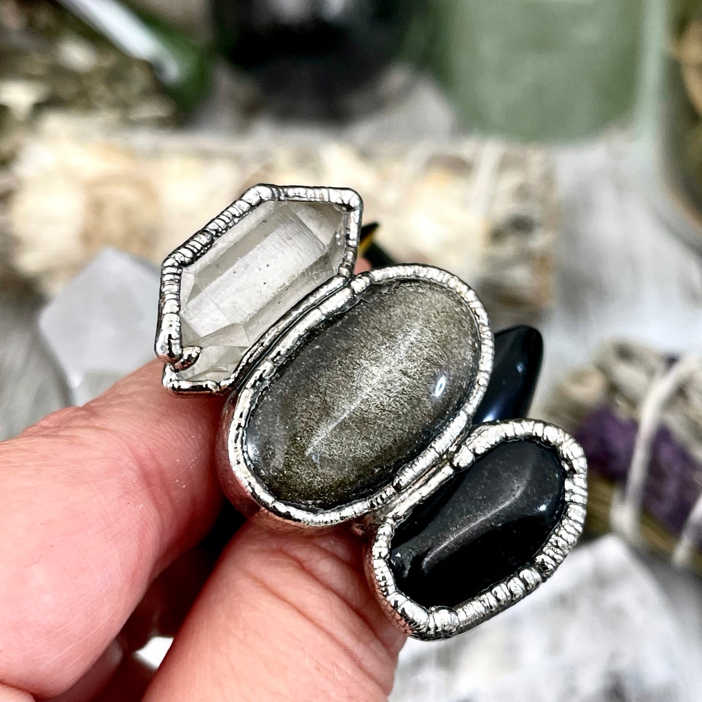 Size 7.5 Crystal Ring - Three Stone Ring Black Onyx Clear Quartz Silver Sheen Obsidian Ring / Foxlark Collection - One of a Kind