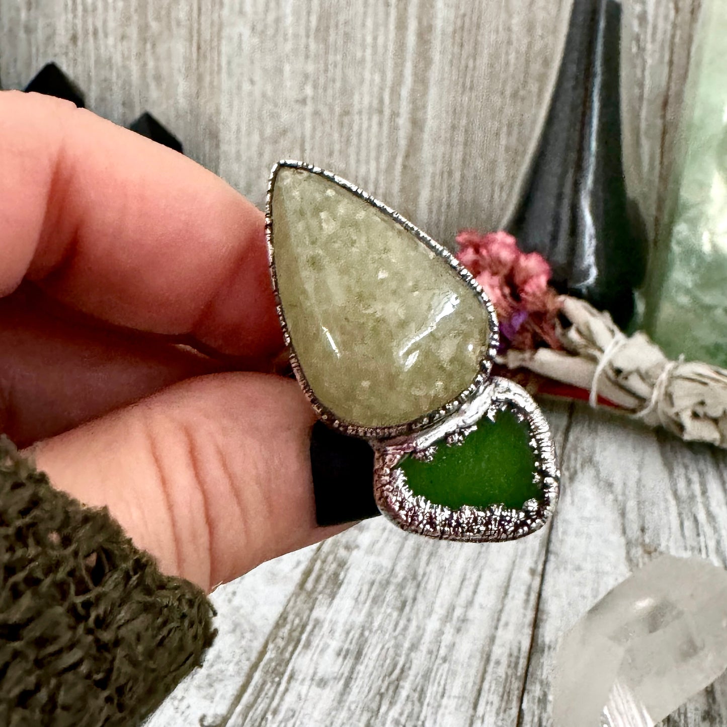 Prehnite Sea Glass Two Stone Crystal Ring Silver Size 9 / Foxlark Collection