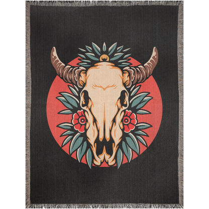 Bull Skull and Roses Traditional Tattoo Style Woven Fringe Blanket / / Wall tapestry, throw for sofa, maximalist decor, tattoo home decor