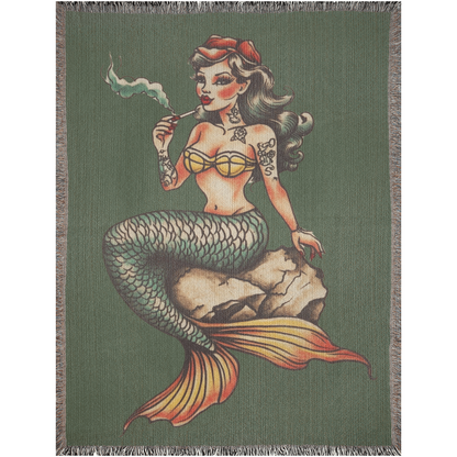 Sailor Mermaid Traditional Tattoo Style Woven Fringe Blanket