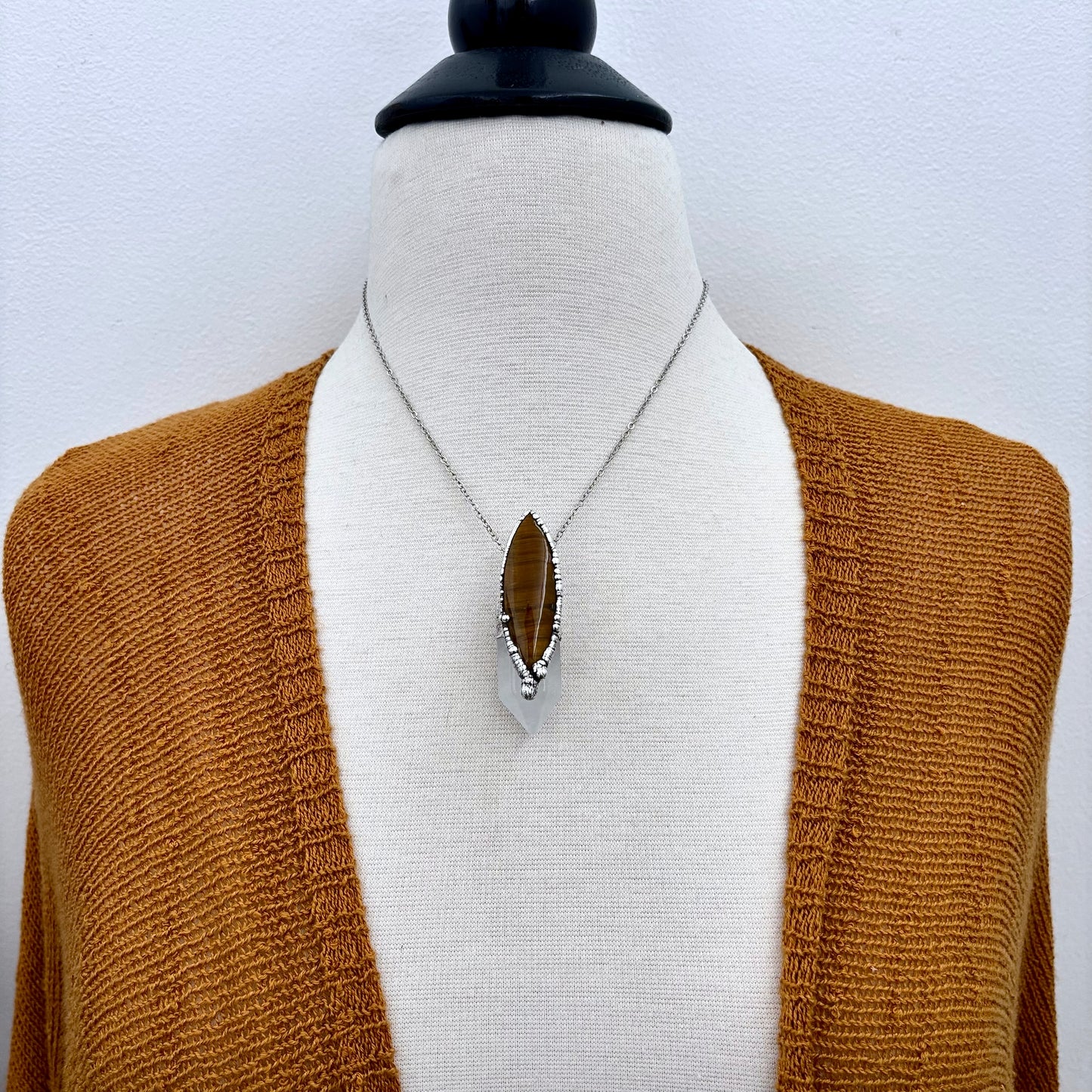 Clear Quartz & Tigers Eye Crystal Statement Necklace in Fine Silver / Foxlark Collection - One of a Kind