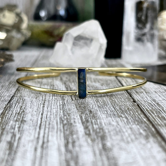 Dainty Open Band Labradorite Brass Bracelet