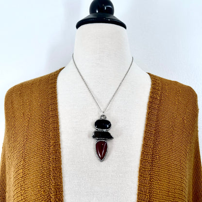 Three Stone Smokey Quartz Carnelian Black Onyx Necklace in Fine Silver / Foxlark Collection - One of a Kind Jewelry