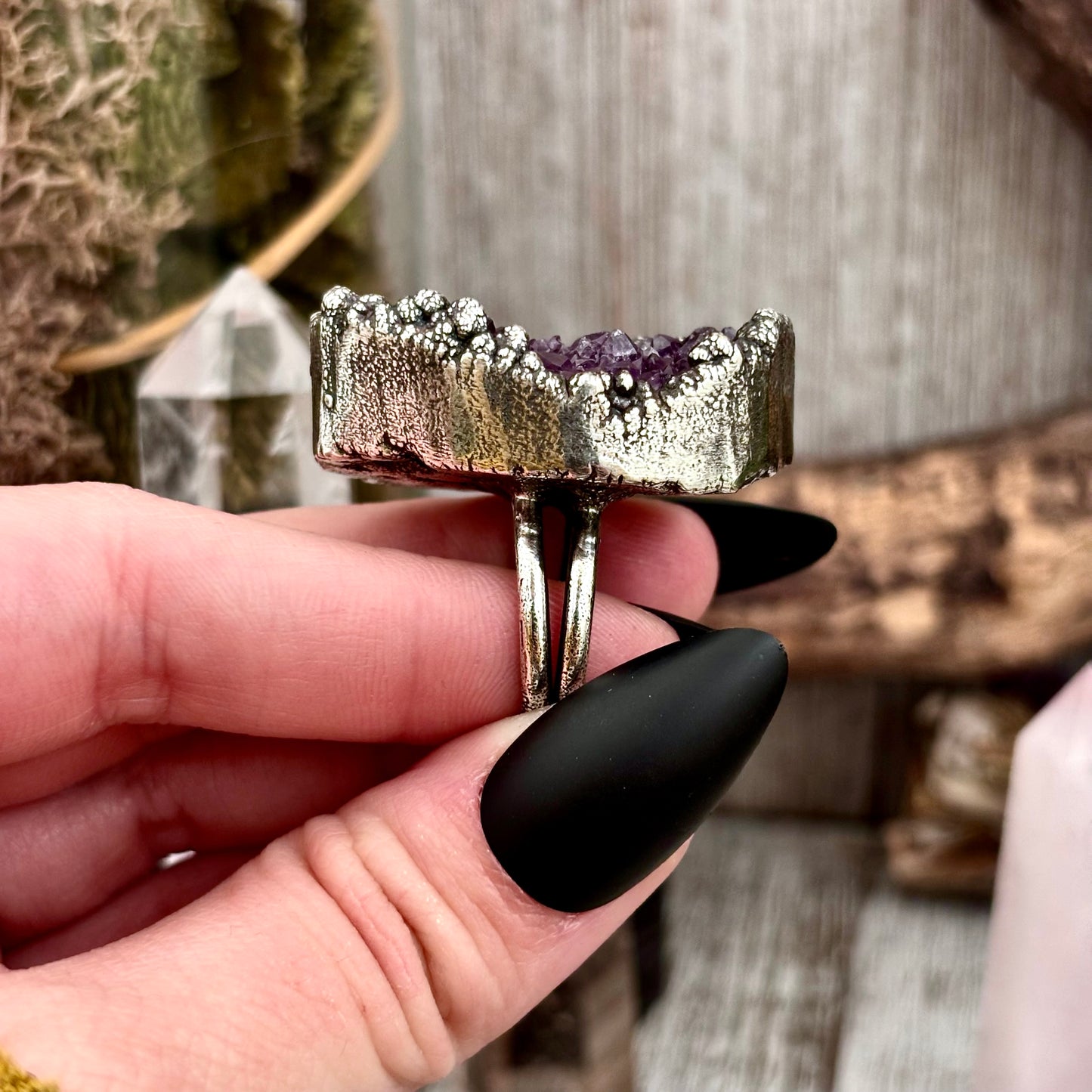 Raw Purple Amethyst Crystal Druzy Geode Ring in Fine Silver Size 7 / Foxlark Collection