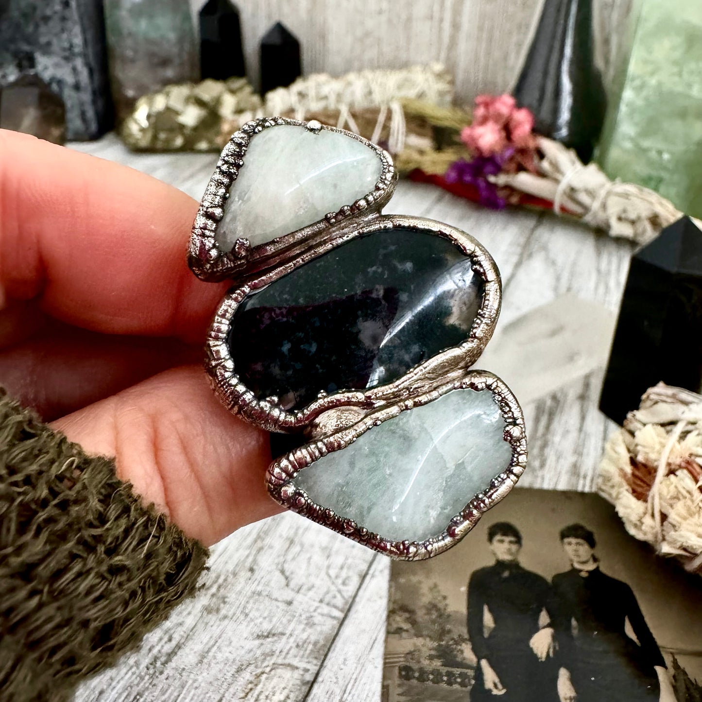 Three Stone Ring Aquamarine Moss Agate Ring In Silver Size 7/ Foxlark Collection