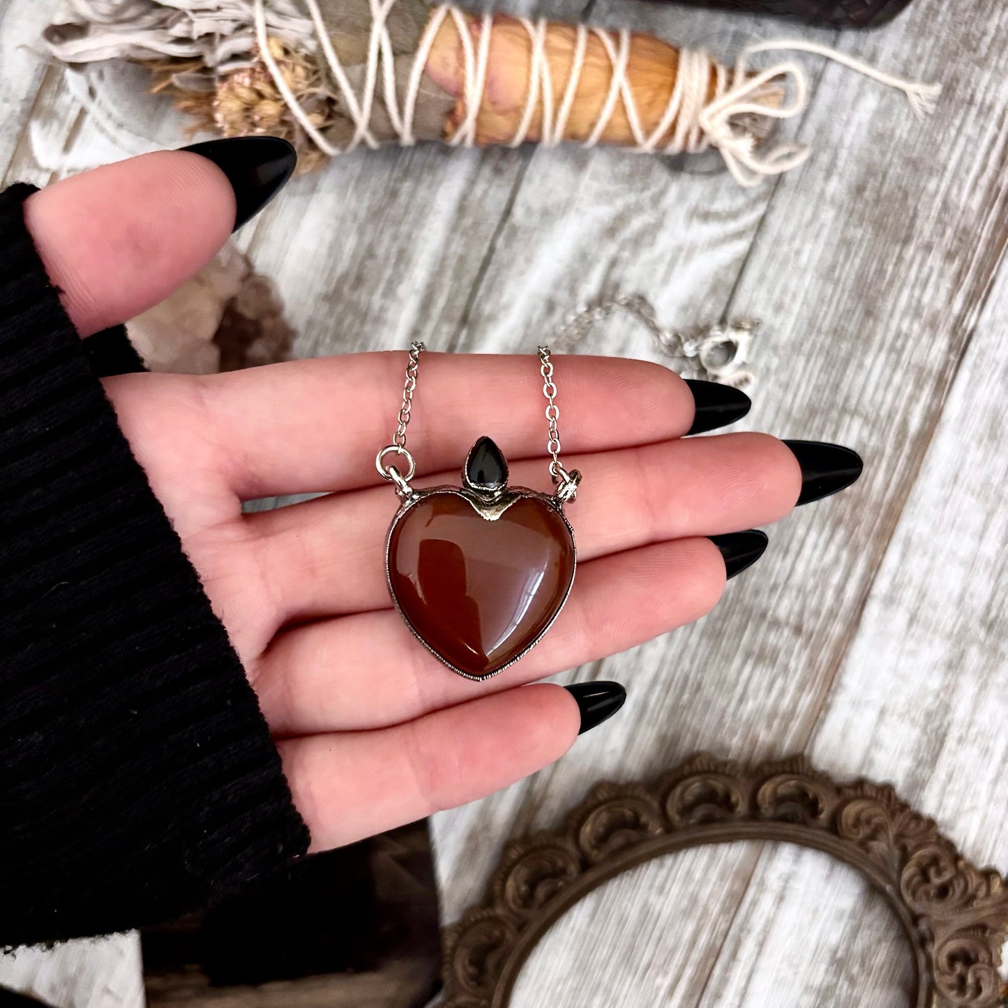 Carnelian Crystal Heart Black Onyx Teardrop Statement Necklace in Fine Silver / Foxlark Collection - One of a Kind