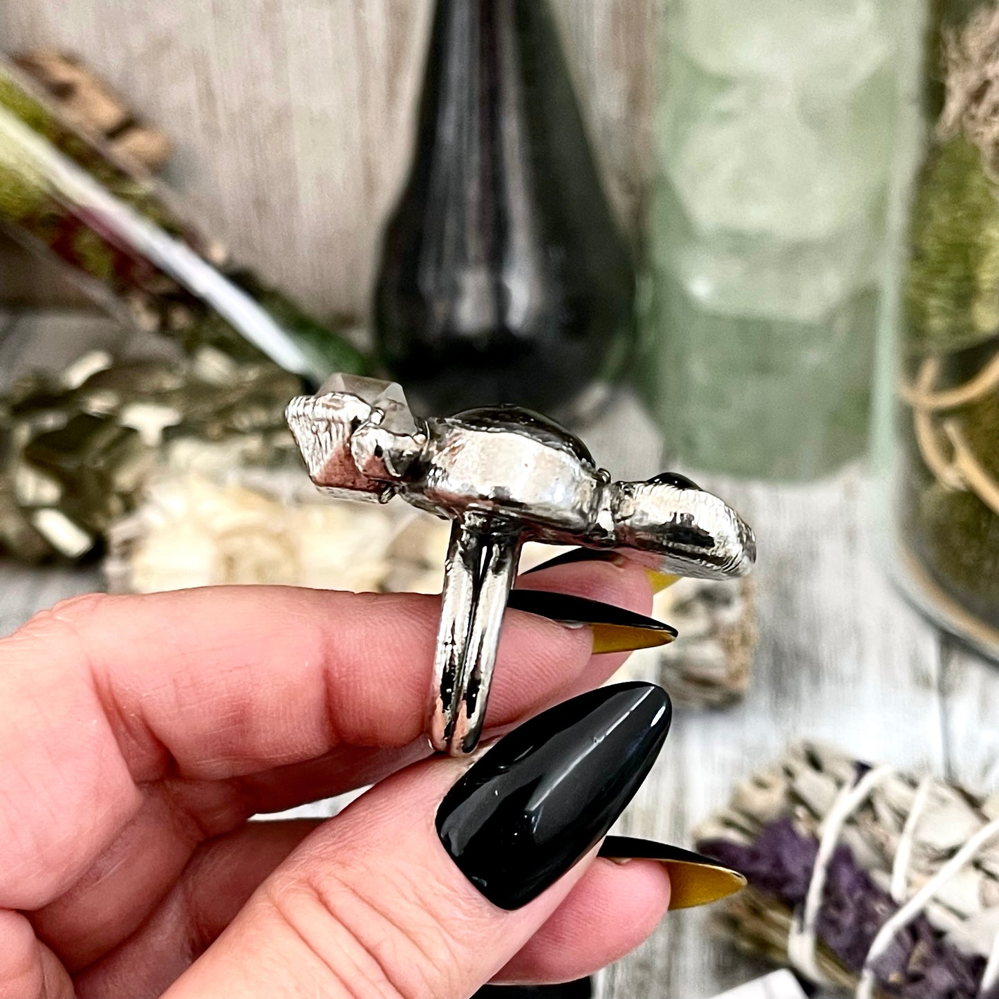 Size 7.5 Crystal Ring - Three Stone Ring Black Onyx Clear Quartz Silver Sheen Obsidian Ring / Foxlark Collection - One of a Kind